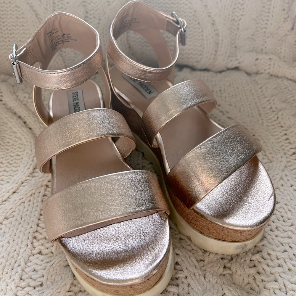 Steve Madden “Kirsten” Strappy Shiny Platform Wedges